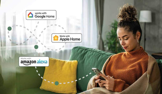 Woman using a smartphone with connectivity logos for Google Home, Apple Home, and Amazon Alexa in a living room setting.
