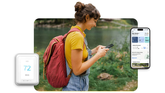 Woman on a hike adjusting thermostat remotely with app.