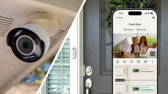 A smartphone displays the First Alert security camera front door feed on the Resideo Connect app.