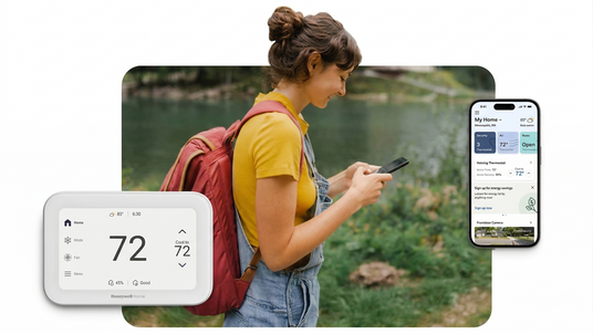 Woman with a backpack using a smartphone, with a thermostat and smartphone app interface displayed.