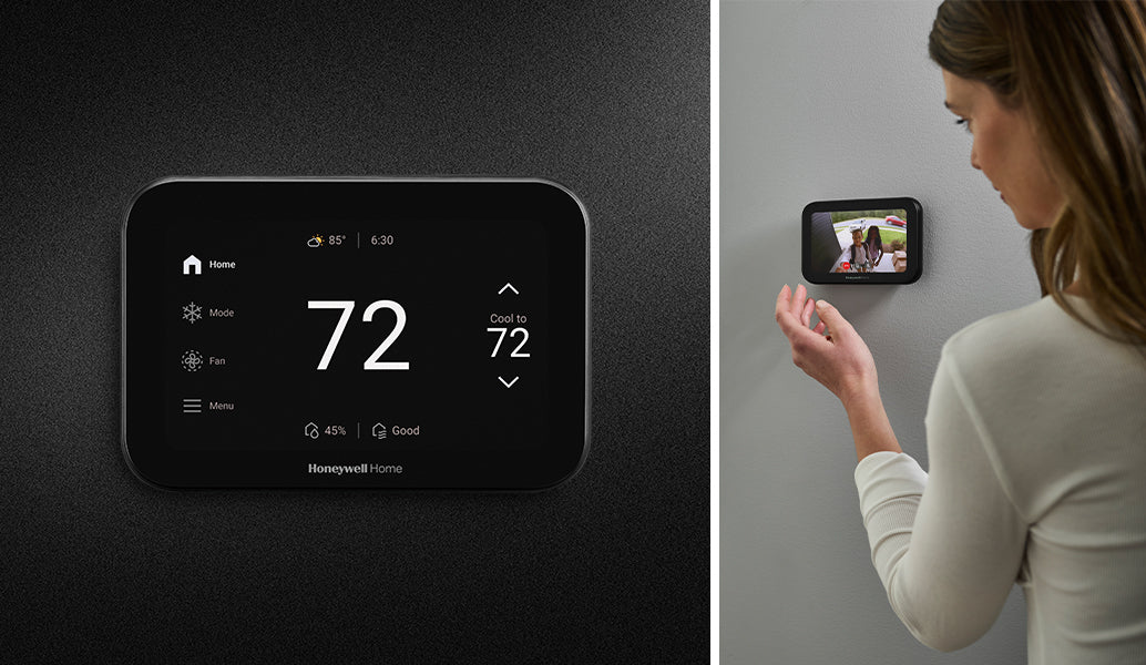 X8S smart thermostat on a dark background with a woman using the thermostat on a light gray wall.